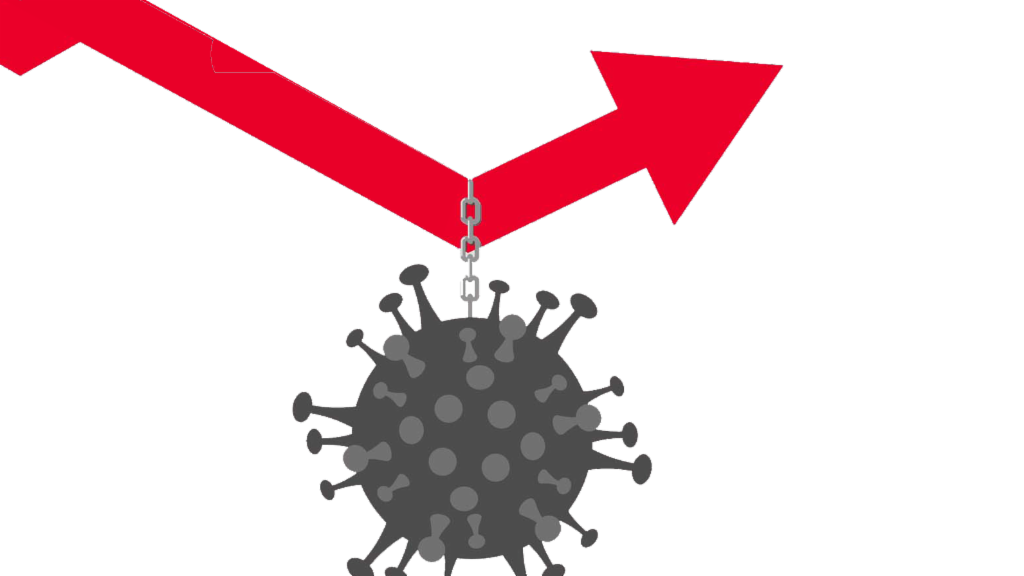 Illustration of an economic diagram with a corona virus attached to it and following it to un 